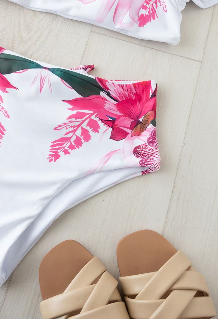 Pinky Floral Ruffle One-Shoulder Bikini Set in White