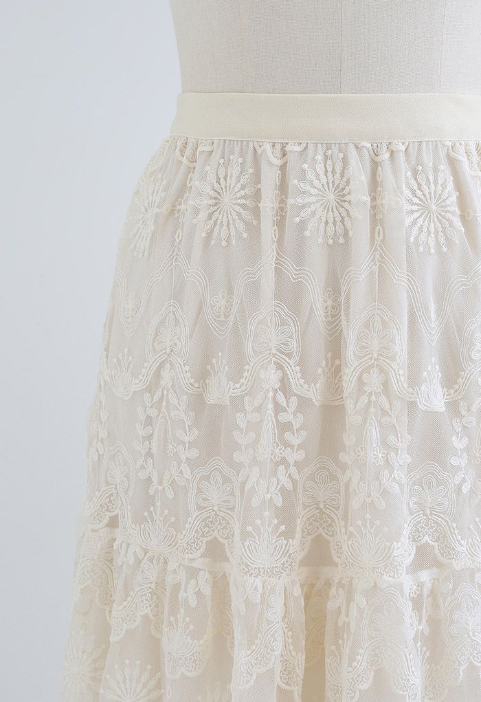 Mysterious Flower Embroidered Mesh Midi Skirt in Cream