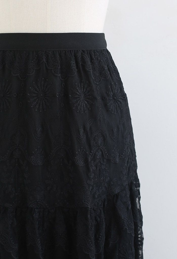 Mysterious Flower Embroidered Mesh Midi Skirt in Black
