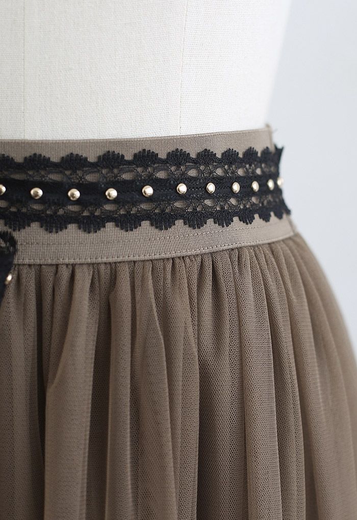 Riveted Lace Ribbon Ruffle Mesh Skirt in Caramel