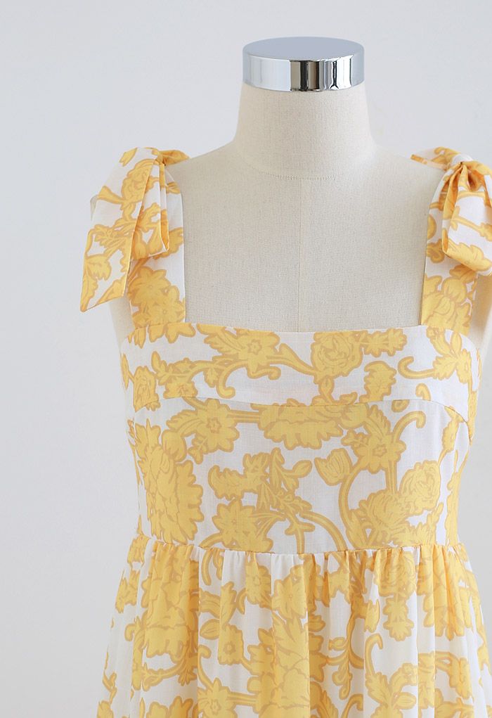 Divine Flower Vine Printed Tie-Strap Maxi Dress