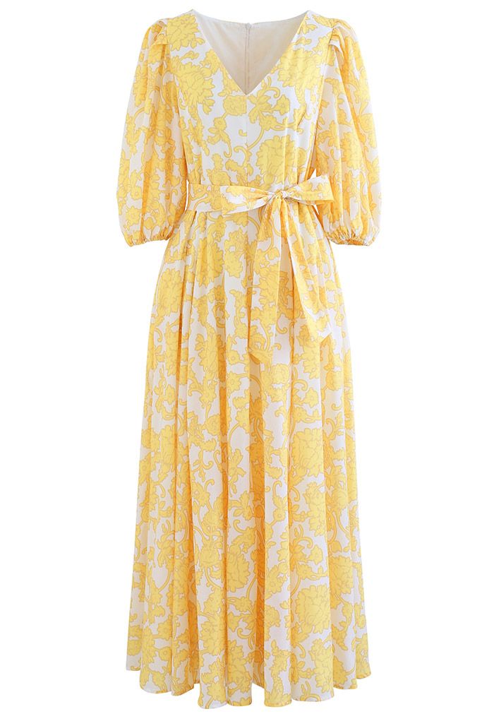Divine Flower Vine Printed V-Neck Maxi Dress in Yellow - Retro, Indie ...