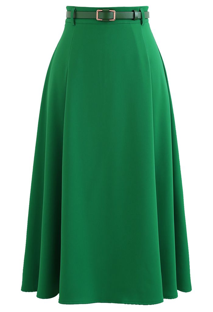 High Waist Belted Flare Midi Skirt in Green - Retro, Indie and Unique ...