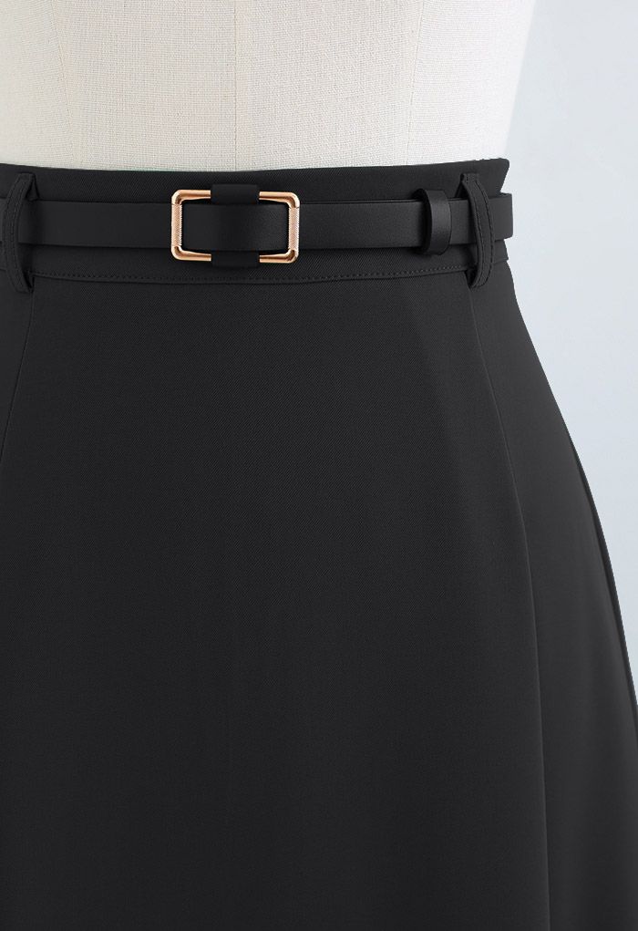 High Waist Belted Flare Midi Skirt in Black