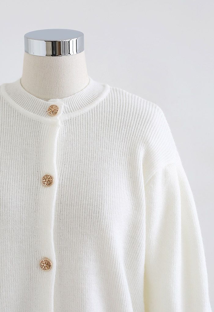 Short-Sleeve Button Down Rib Knit Cardigan in White