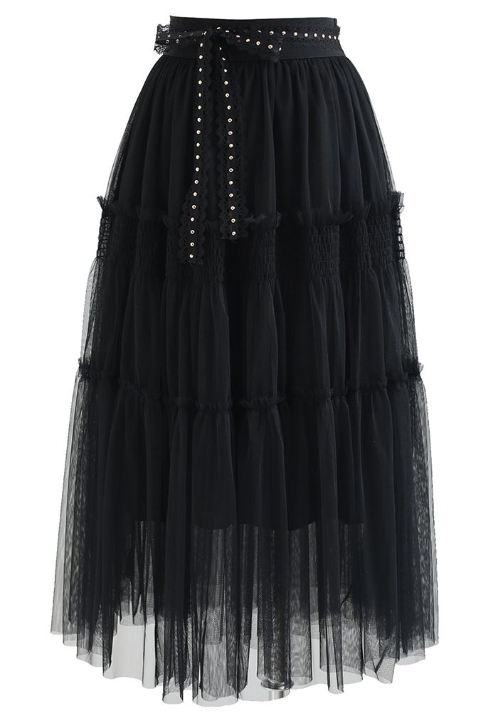 Riveted Lace Ribbon Ruffle Mesh Skirt in Black - Retro, Indie and ...