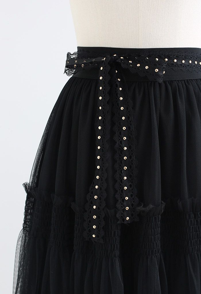 Riveted Lace Ribbon Ruffle Mesh Skirt in Black