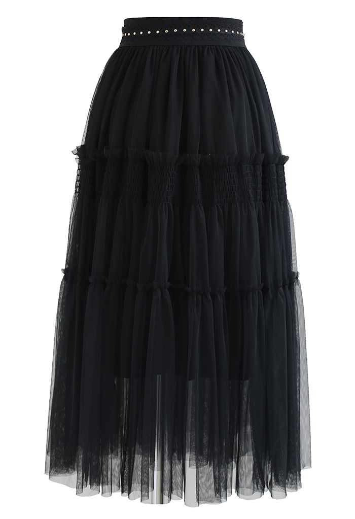 Riveted Lace Ribbon Ruffle Mesh Skirt in Black