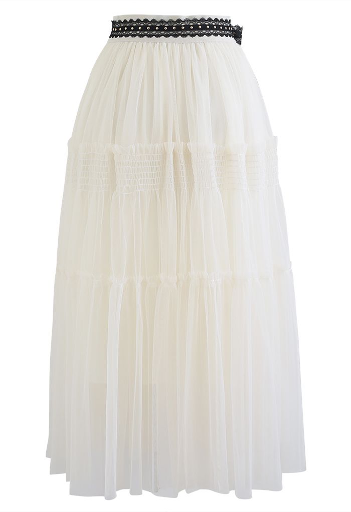 Riveted Lace Ribbon Ruffle Mesh Skirt in Cream - Retro, Indie and ...