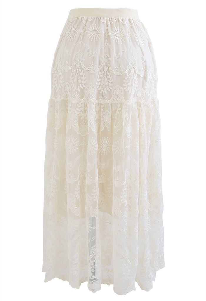 Mysterious Flower Embroidered Mesh Midi Skirt in Cream