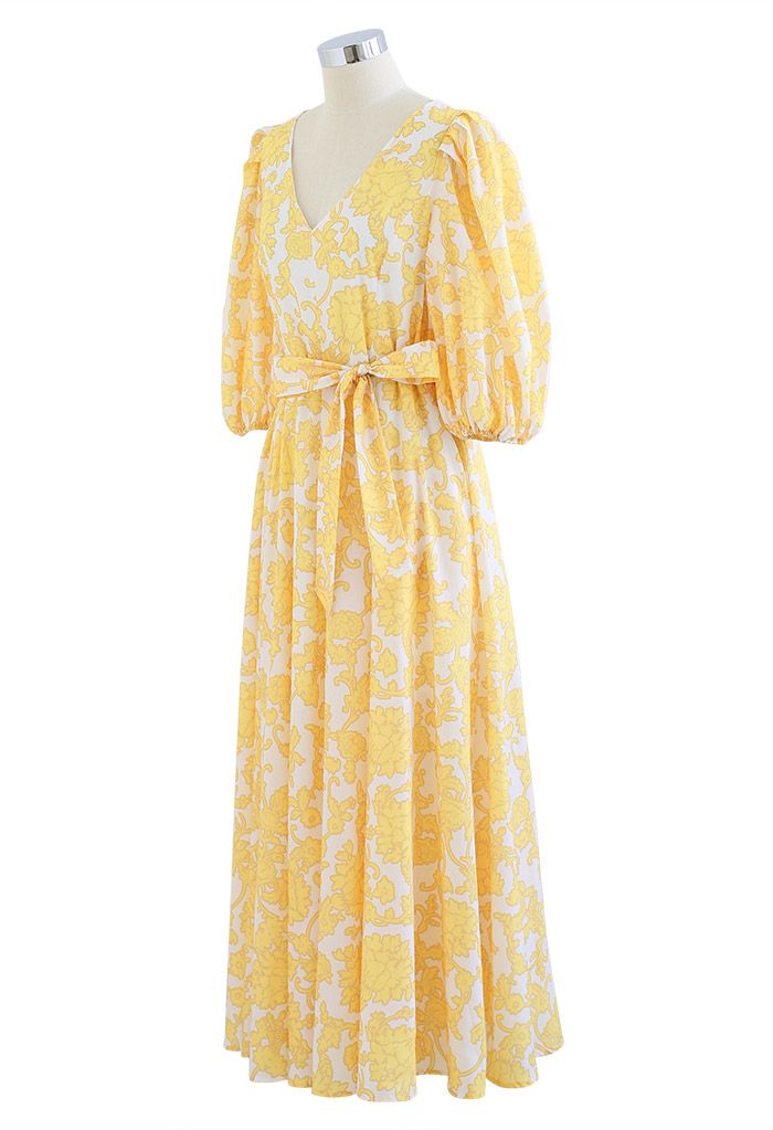 Divine Flower Vine Printed V-Neck Maxi Dress in Yellow