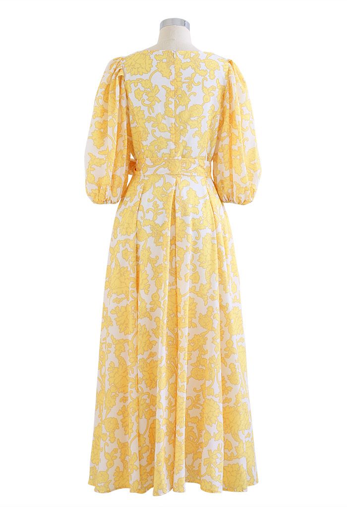 Divine Flower Vine Printed V-Neck Maxi Dress in Yellow