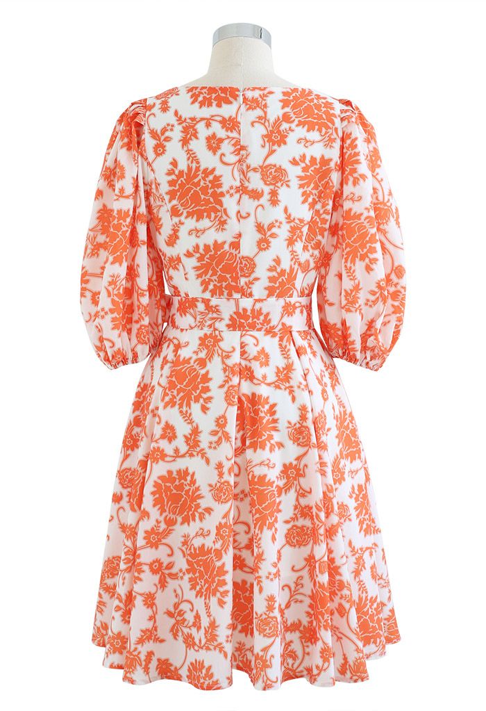 Divine Flower Vine Printed V-Neck Dress in Orange
