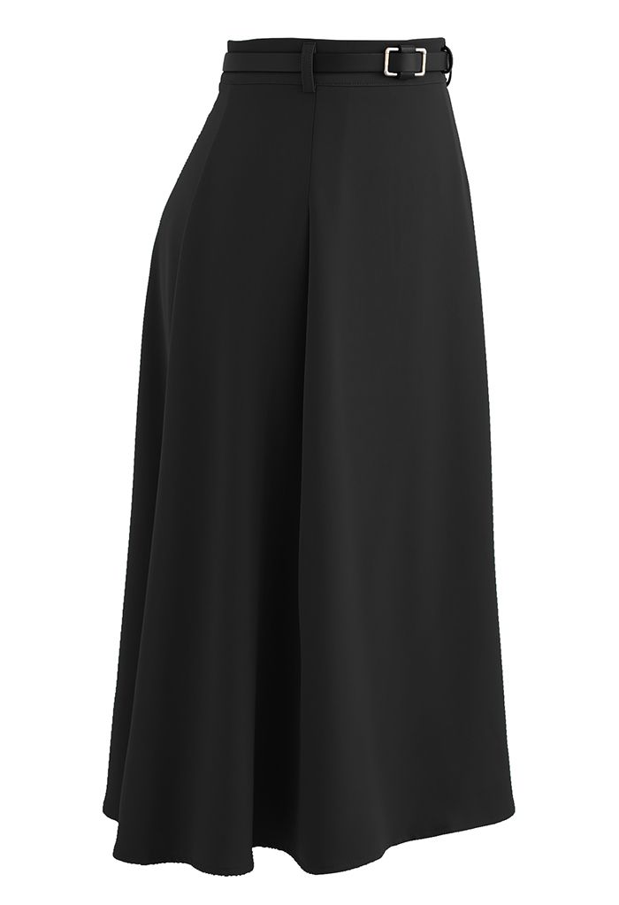 High Waist Belted Flare Midi Skirt in Black - Retro, Indie and Unique ...