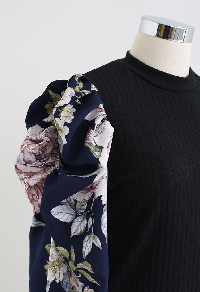 Floral Bubble Sleeve Spliced Fitted Top in Black