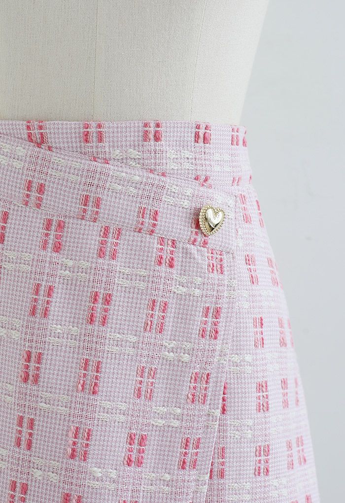 Heart Button Flap Front Tweed Mini Skirt in Pink