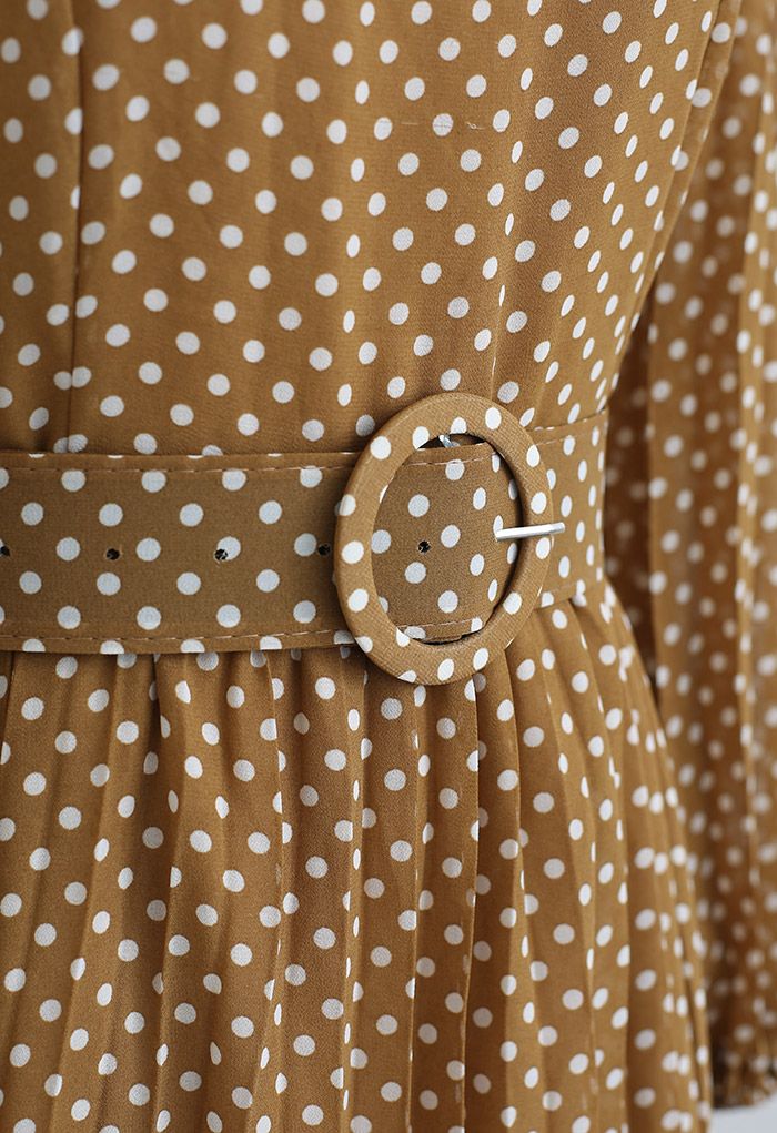 Polka Dots Belted Chiffon Maxi Dress in Caramel