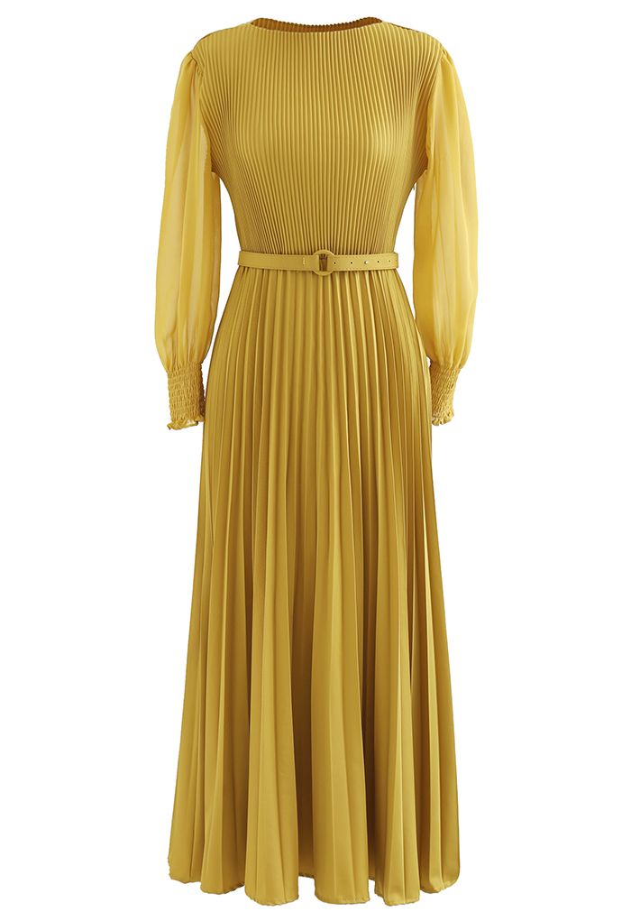 Full Pleated Belted Maxi Dress in Yellow