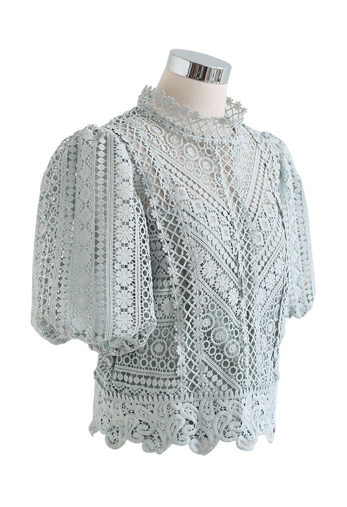 Short-Sleeve Floral Crochet Crop Top in Pea Green