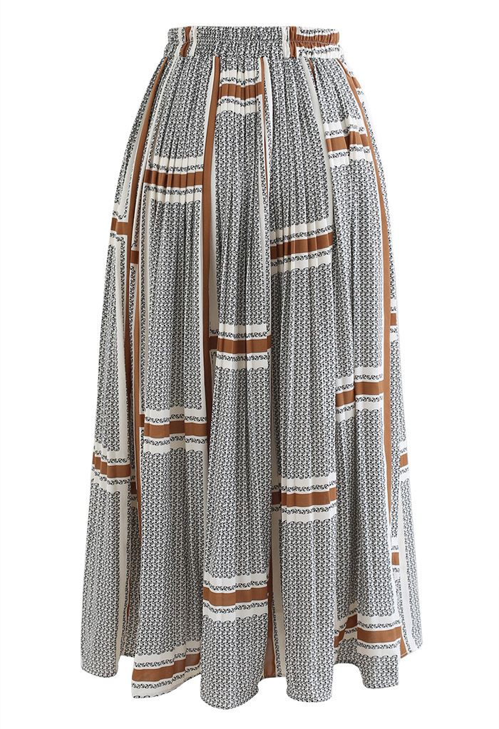 Brown Grid Arrow Chain Pleated Skirt