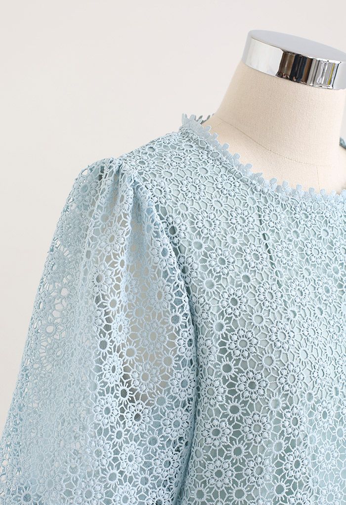 Daisy Crochet Short-Sleeve Crop Top in Blue