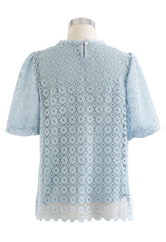 Daisy Crochet Short-Sleeve Crop Top in Blue