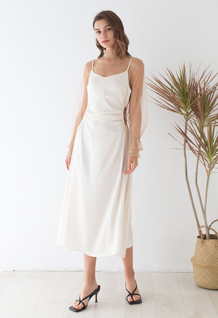 Cutout Waist Textured Cami Dress in Pearl White