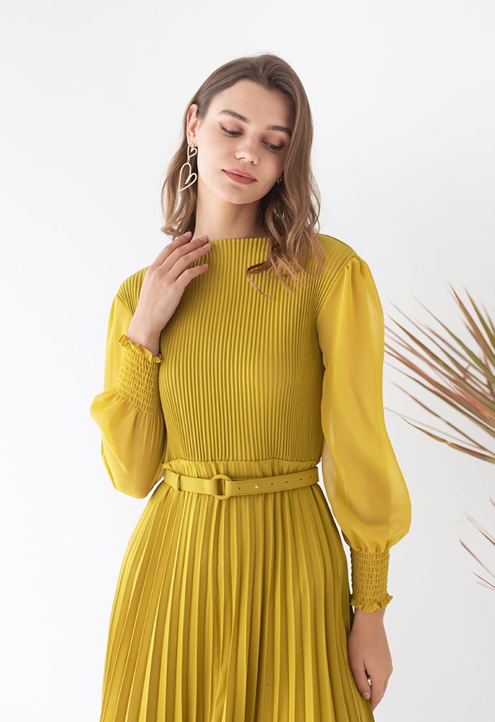 Full Pleated Belted Maxi Dress in Yellow