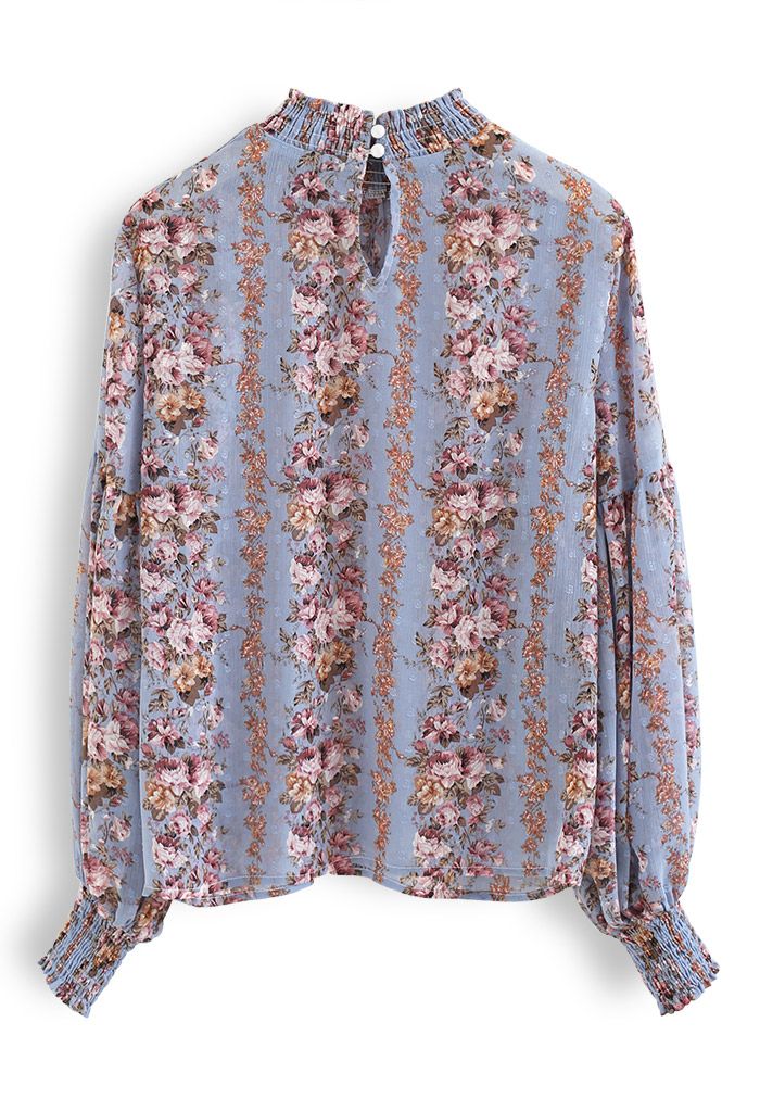 Flower Vines Printed Dots Jacquard Chiffon Top in Blue - Retro, Indie ...