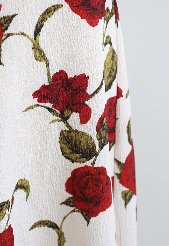 Serene Red Rose Tie-Strap Embossed Midi Dress