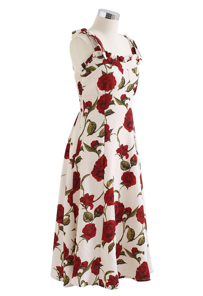 Serene Red Rose Tie-Strap Embossed Midi Dress