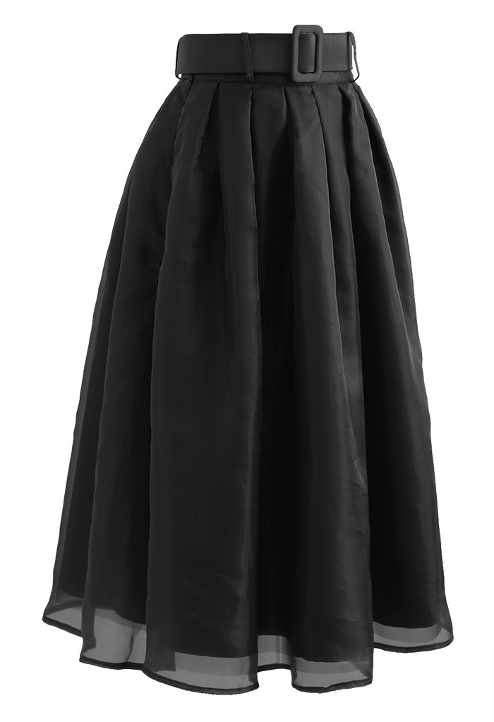 Soft Organza Pleated Midi Skirt in Black - Retro, Indie and Unique Fashion