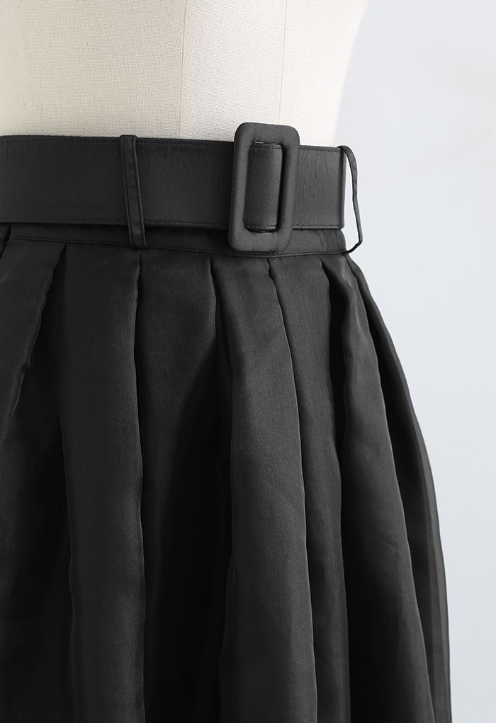 Soft Organza Pleated Midi Skirt in Black