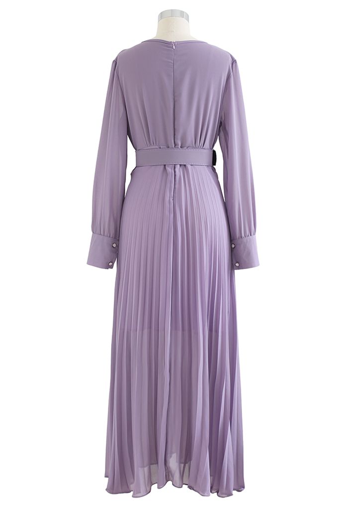 Flowy Chiffon Wrap Pleated Maxi Dress in Lilac