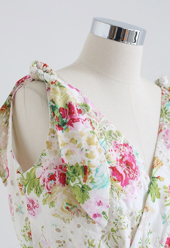 Vivid Flower Embroidered Tie-Strap Wrapped Top