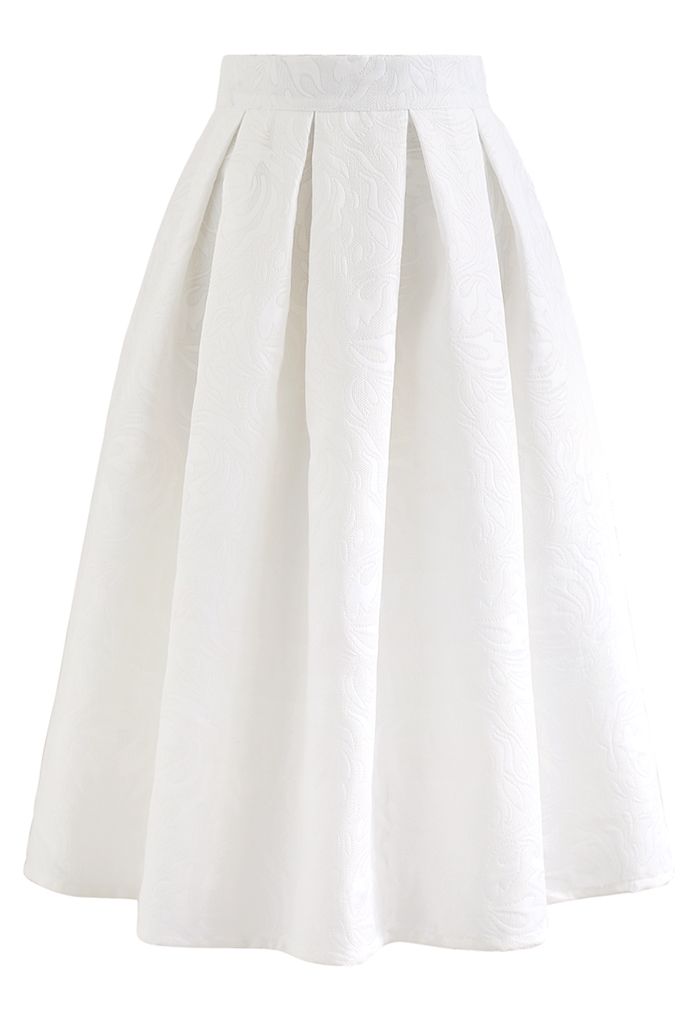Solid White Embossed Floral Pleated Skirt - Retro, Indie and Unique Fashion