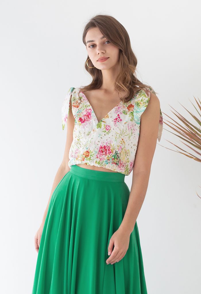 Vivid Flower Embroidered Tie-Strap Wrapped Top