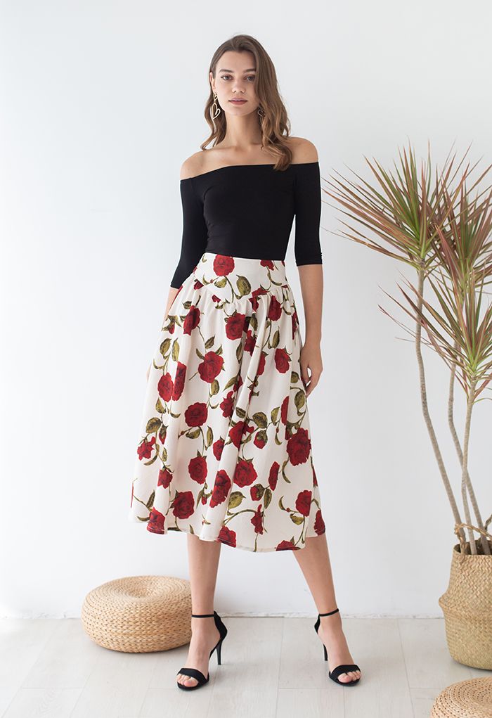 Serene Red Rose Embossed Flare Midi Skirt