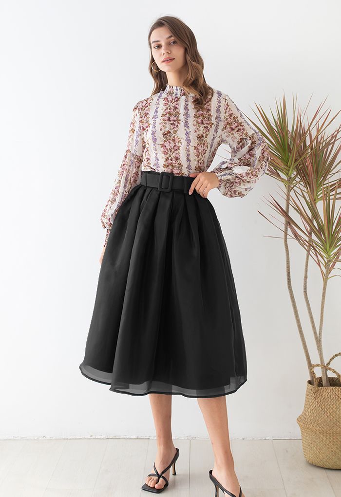 Soft Organza Pleated Midi Skirt in Black - Retro, Indie and Unique Fashion
