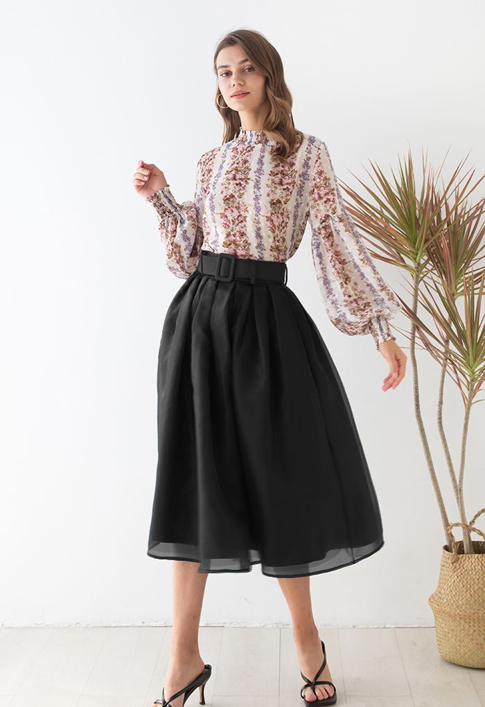 Soft Organza Pleated Midi Skirt in Black