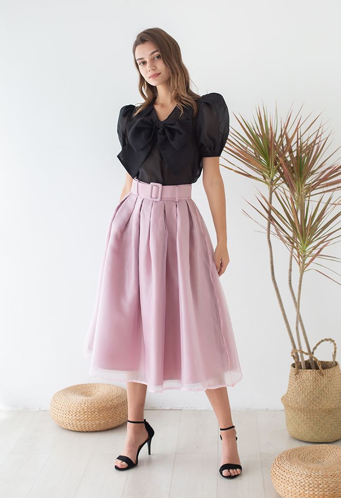 Soft Organza Pleated Midi Skirt in Pink