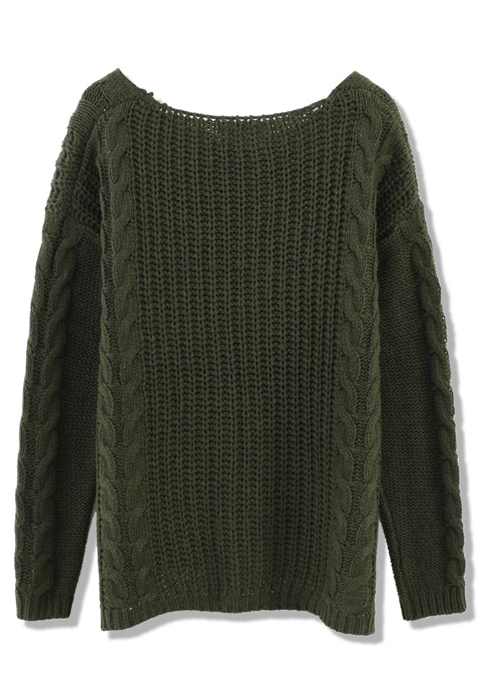 Classic Cable Knit Sweater in Olive - Retro, Indie and Unique Fashion