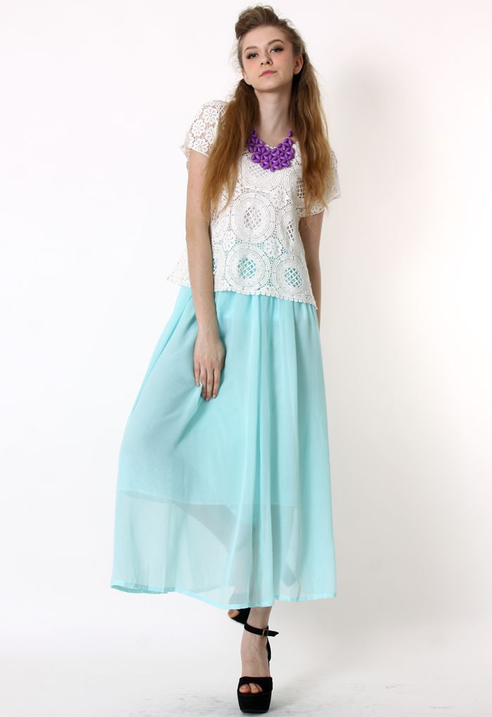Mint Blue Pleated Maxi Skirt - Retro, Indie and Unique Fashion