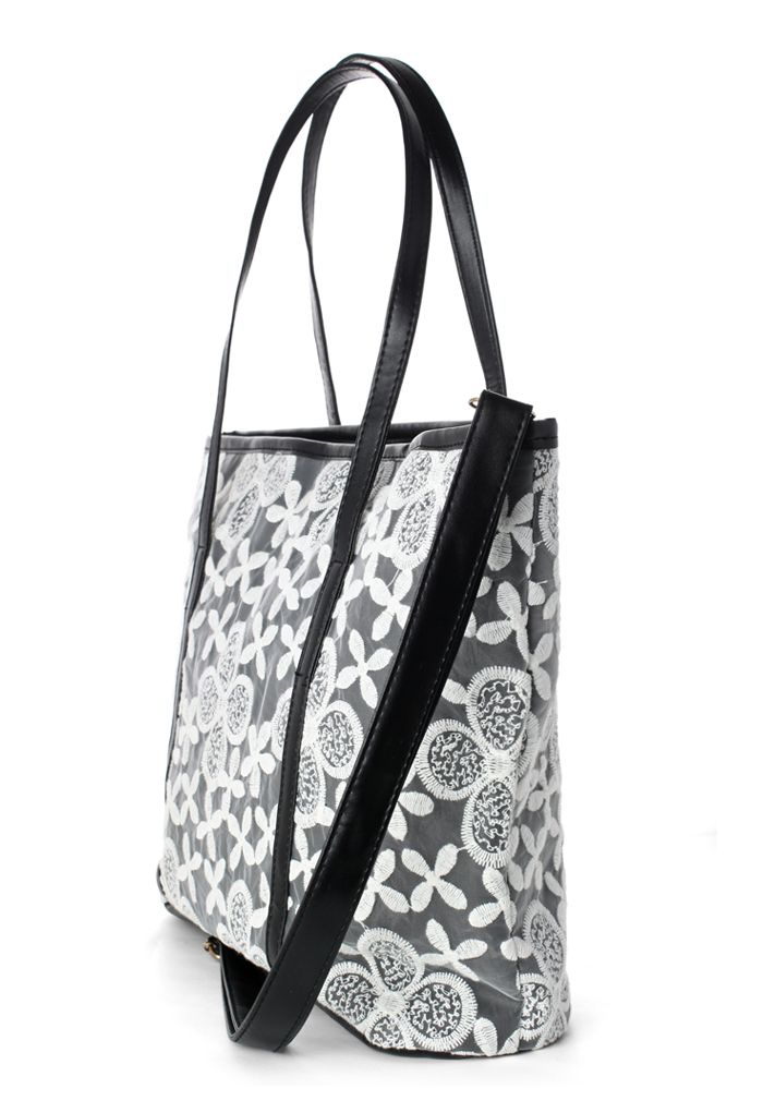 Daisy Floral Embroidery Tote Bag in White/Black