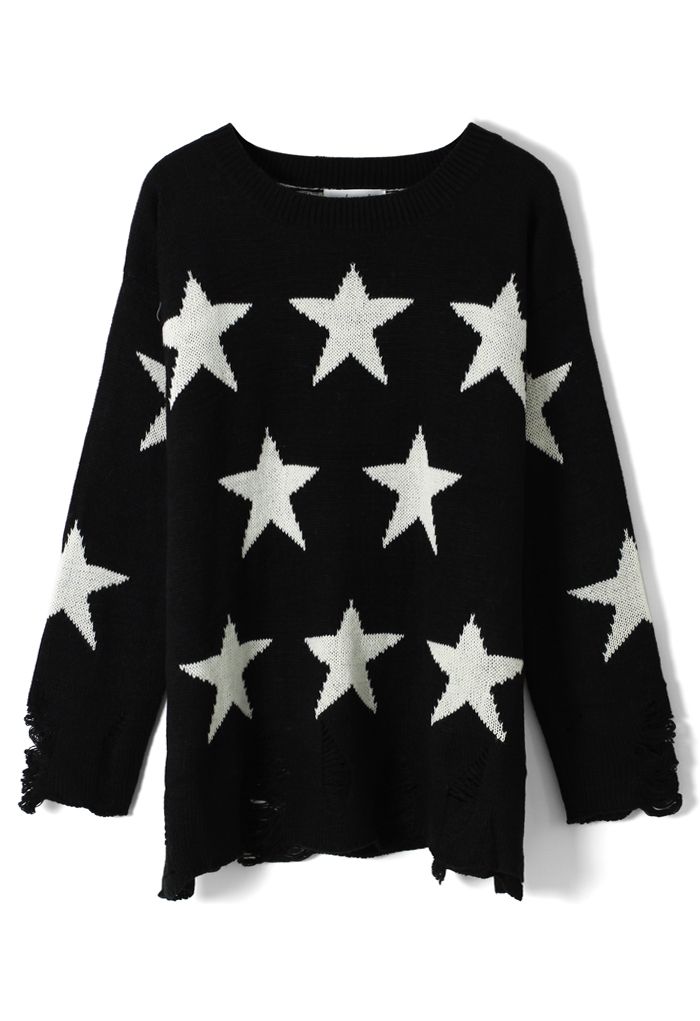 Shredded Stars Print Black Sweater