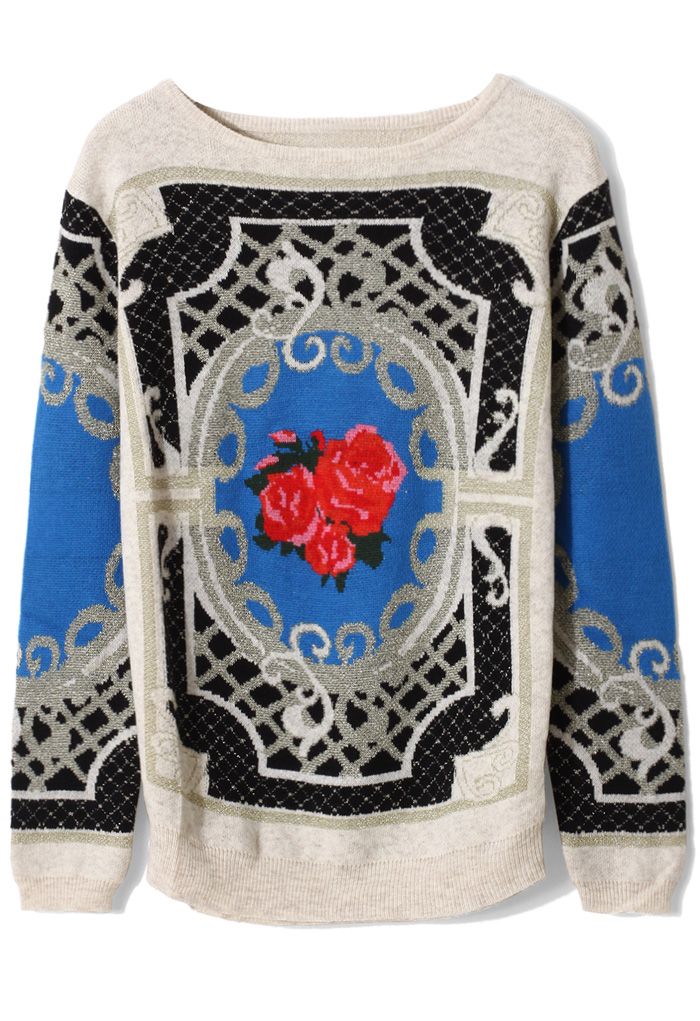 Retro Flower Baroque Pattern Sweater in Ivory