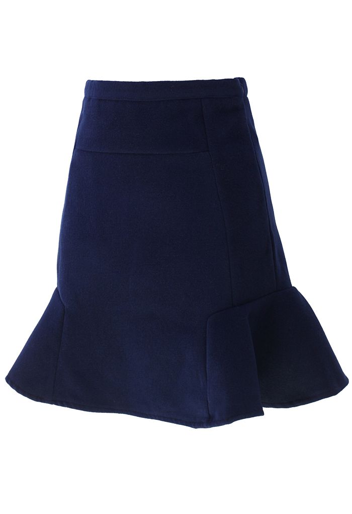Navy Frill Hem Wool Felt Skirt