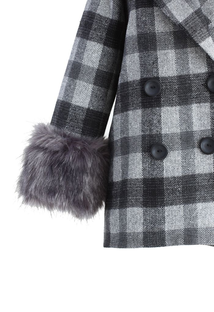 Classy Check Print Wool Coat with Fur Trimming