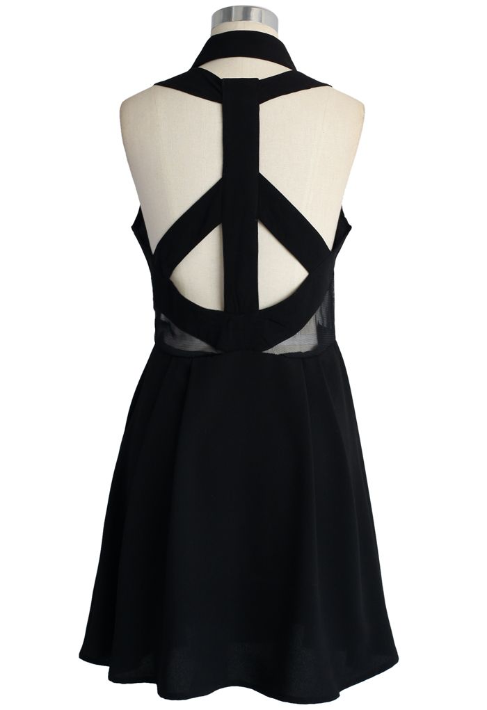 Chic Open Back Black Dress with Mesh Insert