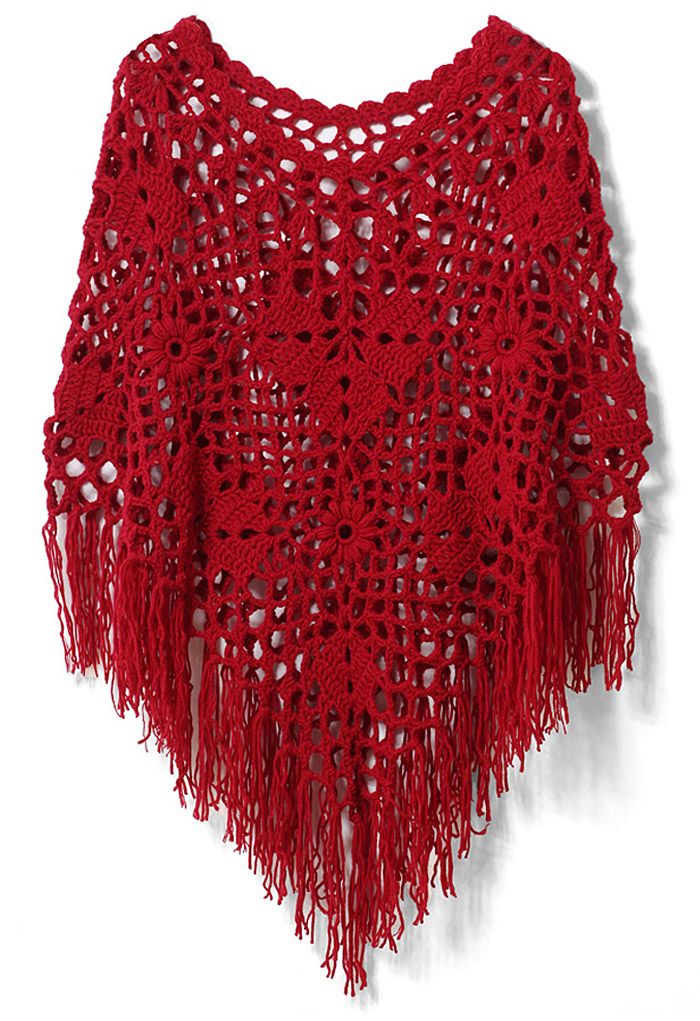 Delicate Hand-knit Fringe Cape in Red - Retro, Indie and Unique Fashion